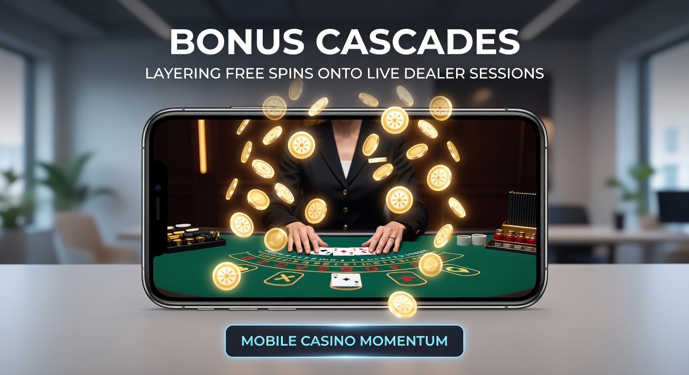 Schermafbeelding van een mobiel casino-app met free spins die overlopen in een live dealer roulette-sessie, bonussen stapelen zich op terwijl de croupier draait