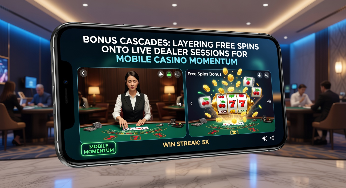 Grafiek met stijgende lijnen die bonus cascade-effect tonen op mobiele casino-retentie, live dealer tafels overlappen met slot-symbolen in een dynamische visualisatie