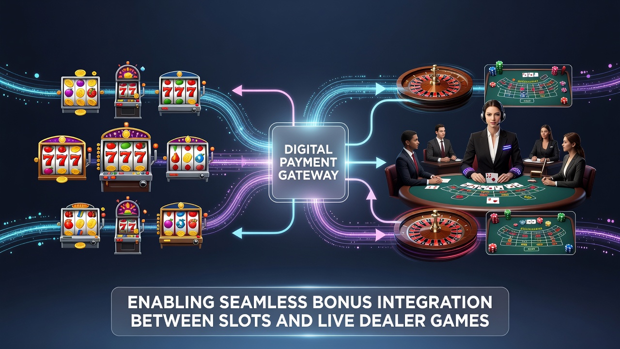 Mobiele casino-interface met geïntegreerde bonusoverdracht via digitale betaalpoorten tussen slots en live spellen