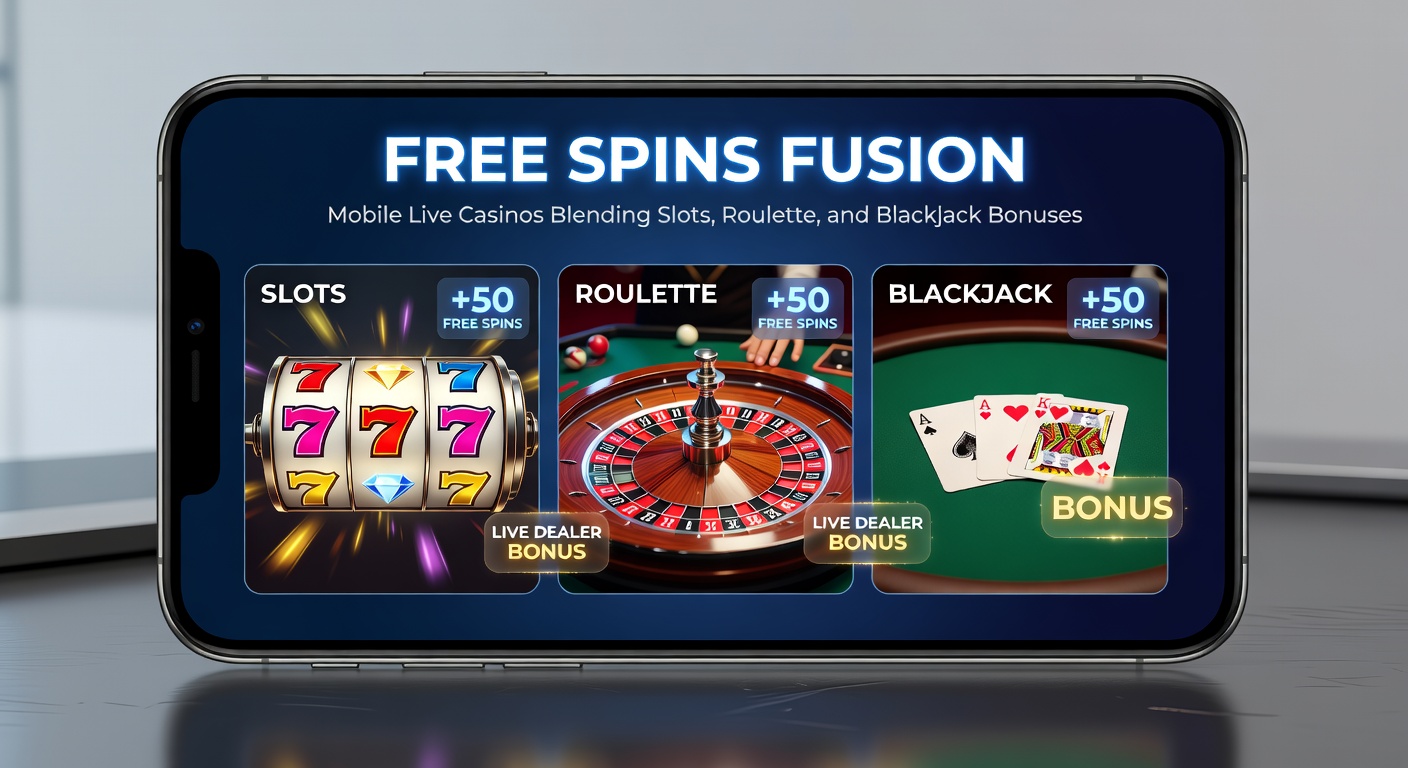 Voorbeeld van free spins fusion bonus menu op mobiel scherm met slots, roulette en blackjack iconen