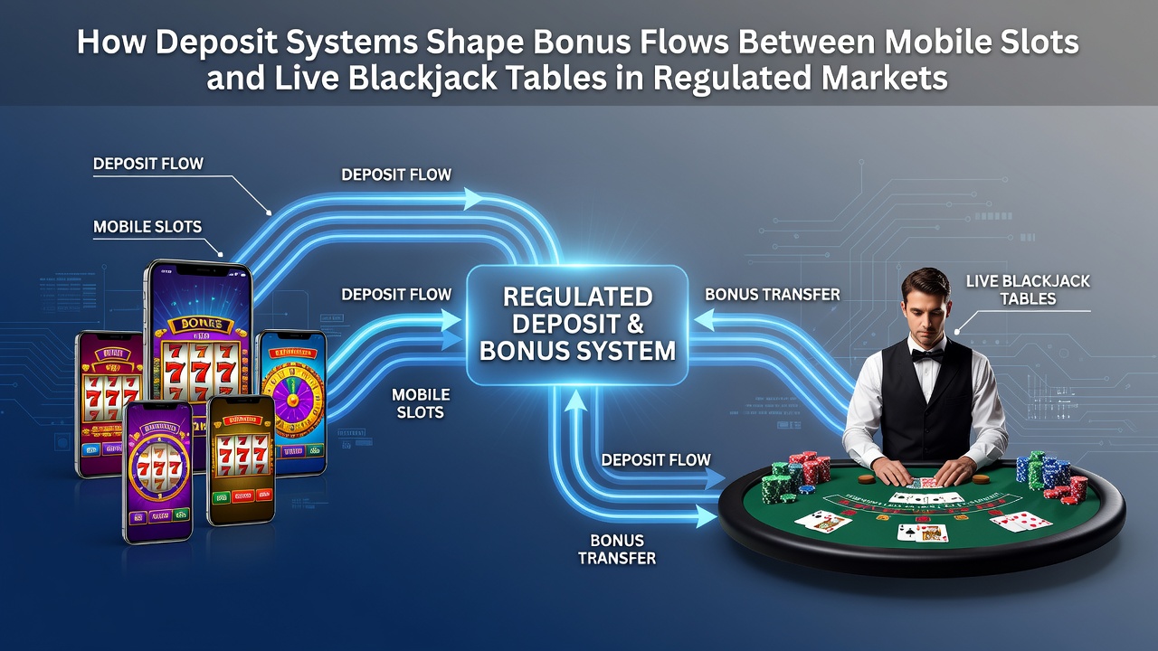 Illustratie van mobiele stortingssystemen die bonusstromen verbinden tussen slots en live blackjack