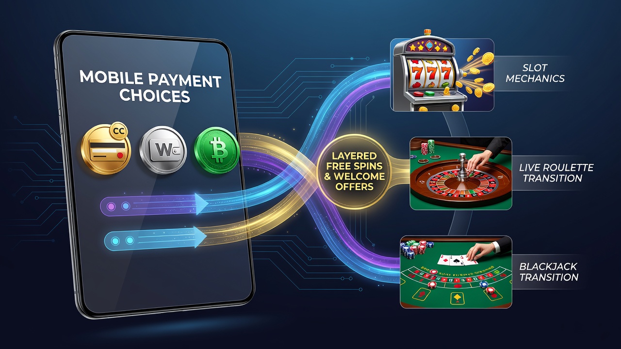 Illustratie van mobiele betaalstromen die slots verbinden met live casinospellen via gelaagde bonussen