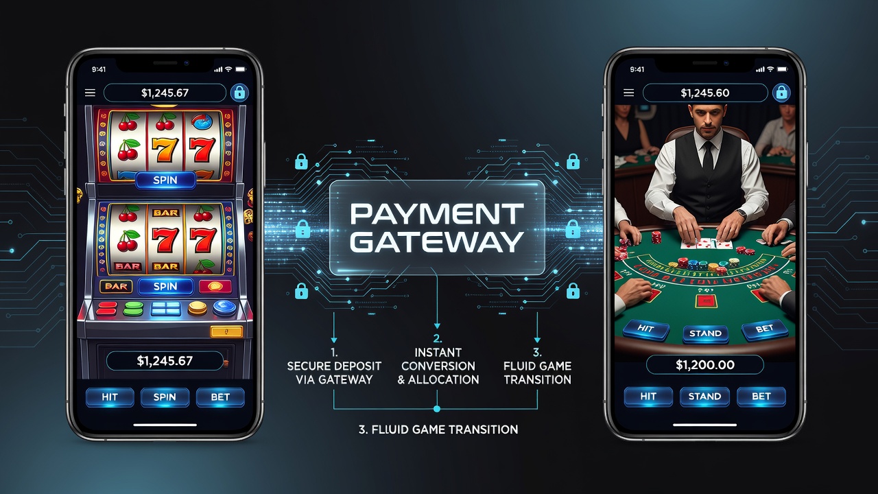Close-up van een mobiele app die live dealer tafel verbindt met slotmachine via betalingsgateway
