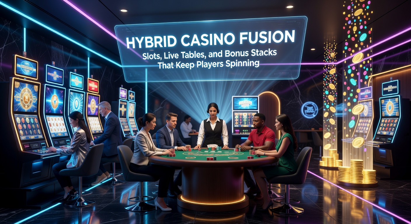 Schermafbeelding van een hybride casino interface met draaiende slots naast een live roulette tafel en stapels bonussen