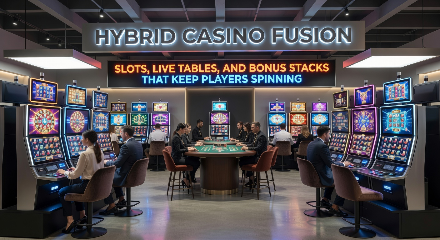 Grafiek met gestapelde bonus iconen boven een live casino tafel en slot rollen, illustrerend hoe beloningen zich opstapelen