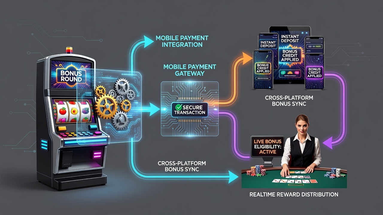 Illustratie van bonussystemen die slots en live dealer tafels verbinden via mobiele betalingen
