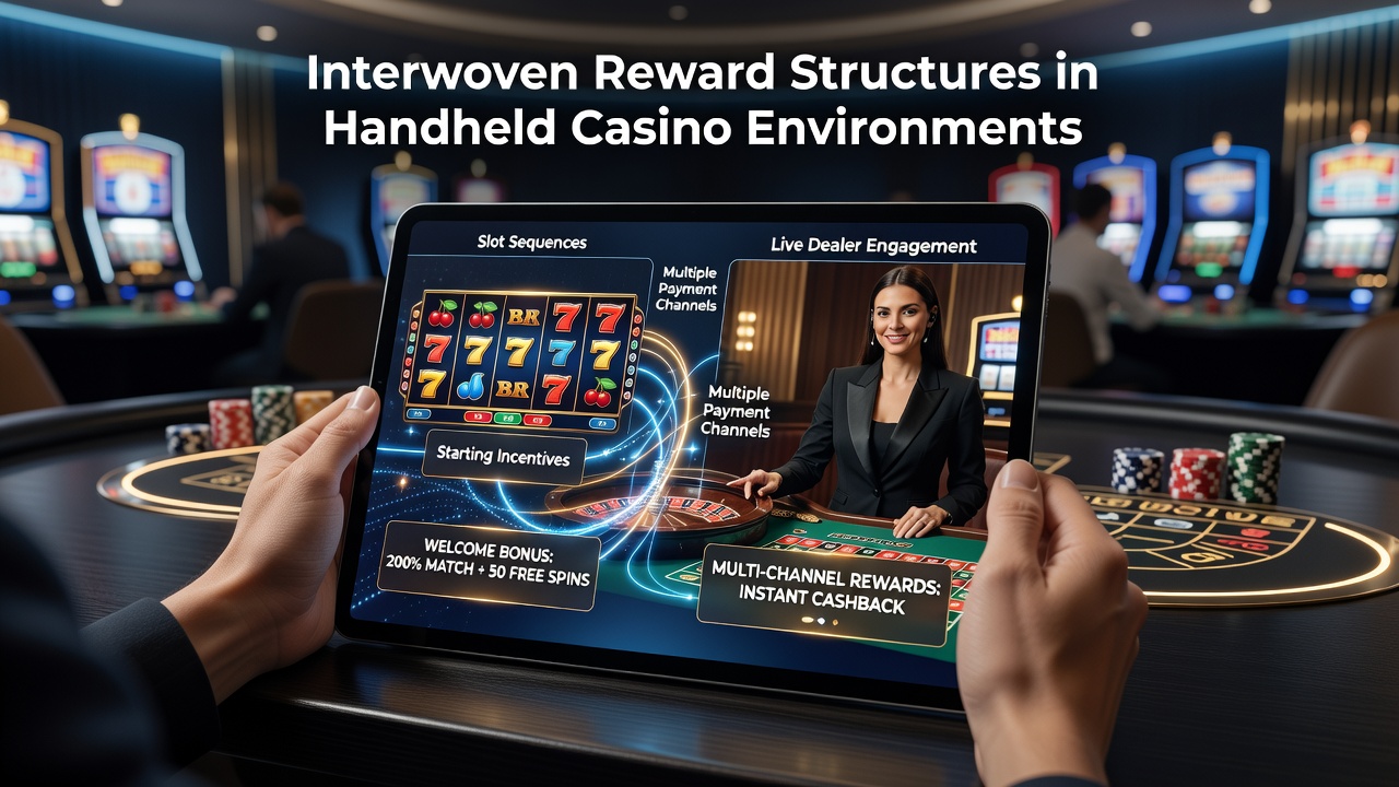 Illustratie van mobiele casino-interface met verweven beloningen tussen slots en live dealers