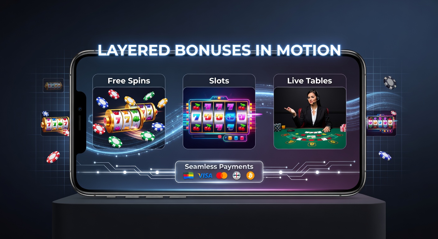 Schermafbeelding van een mobiel casino-app met gelaagde bonussen, free spins op slots en een live roulette-tafel zichtbaar in één vloeiende interface