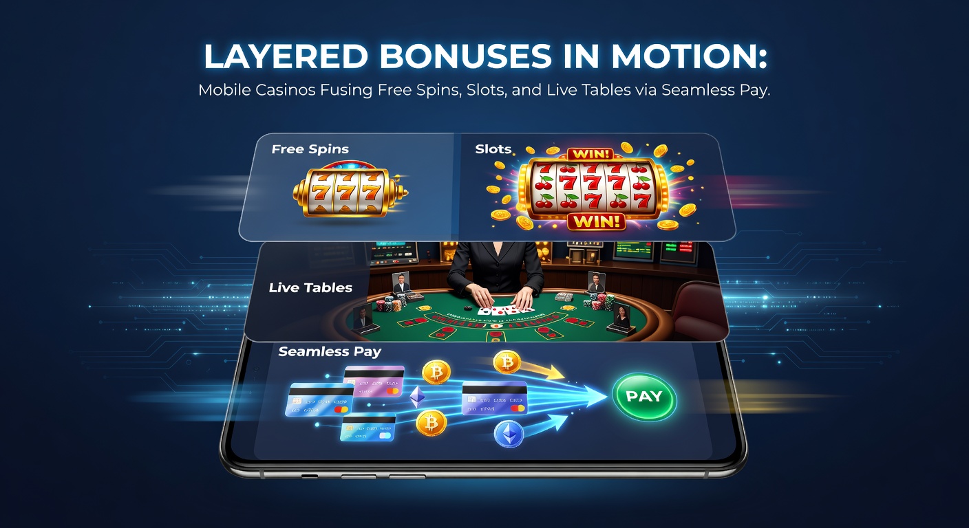 Dynamische weergave van een mobiele casino-interface waar free spins op een slot naadloos overvloeien in een live blackjack-sessie, met bonusindicatoren zichtbaar