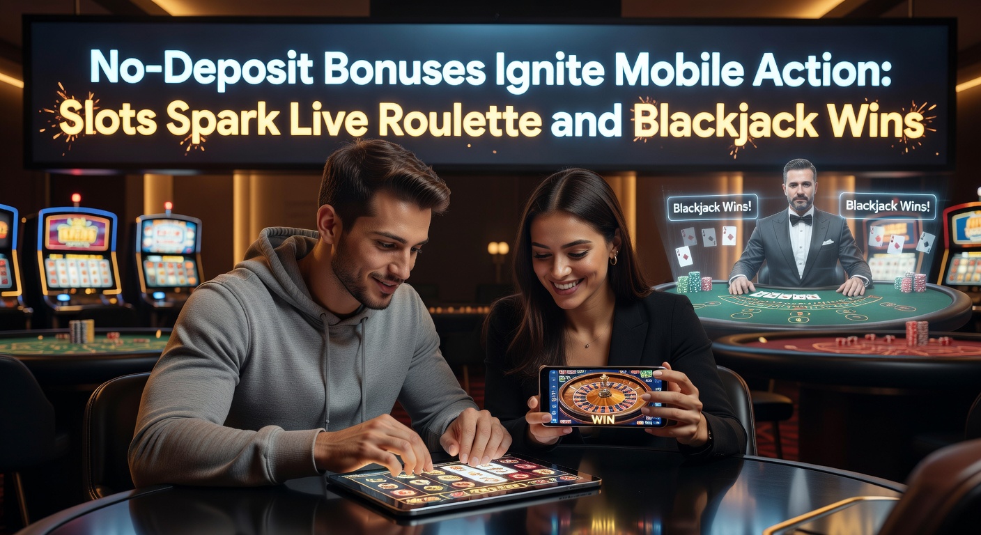 Dynamisch mobiel casino interface toont slots die overgaan in live roulette en blackjack tafels, met no-deposit bonus icoon prominent zichtbaar