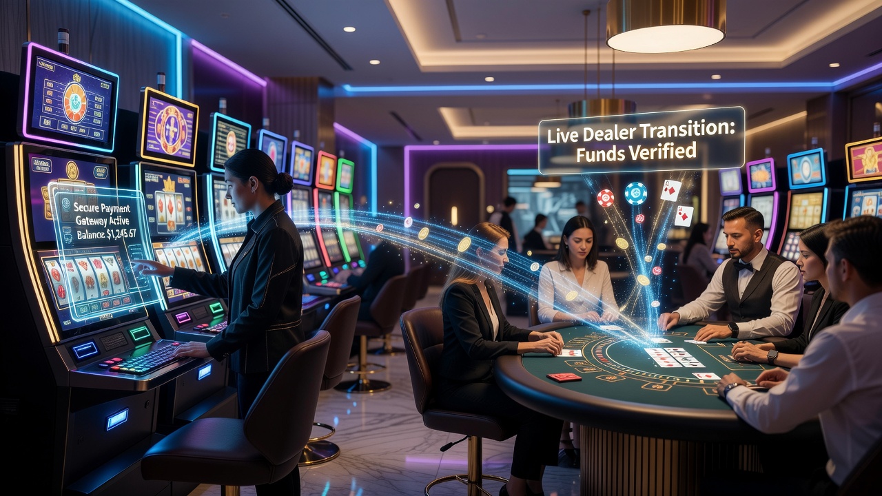 Mobiele casino interface met naadloze overgang van slots naar live dealer games via geavanceerde betaalsystemen