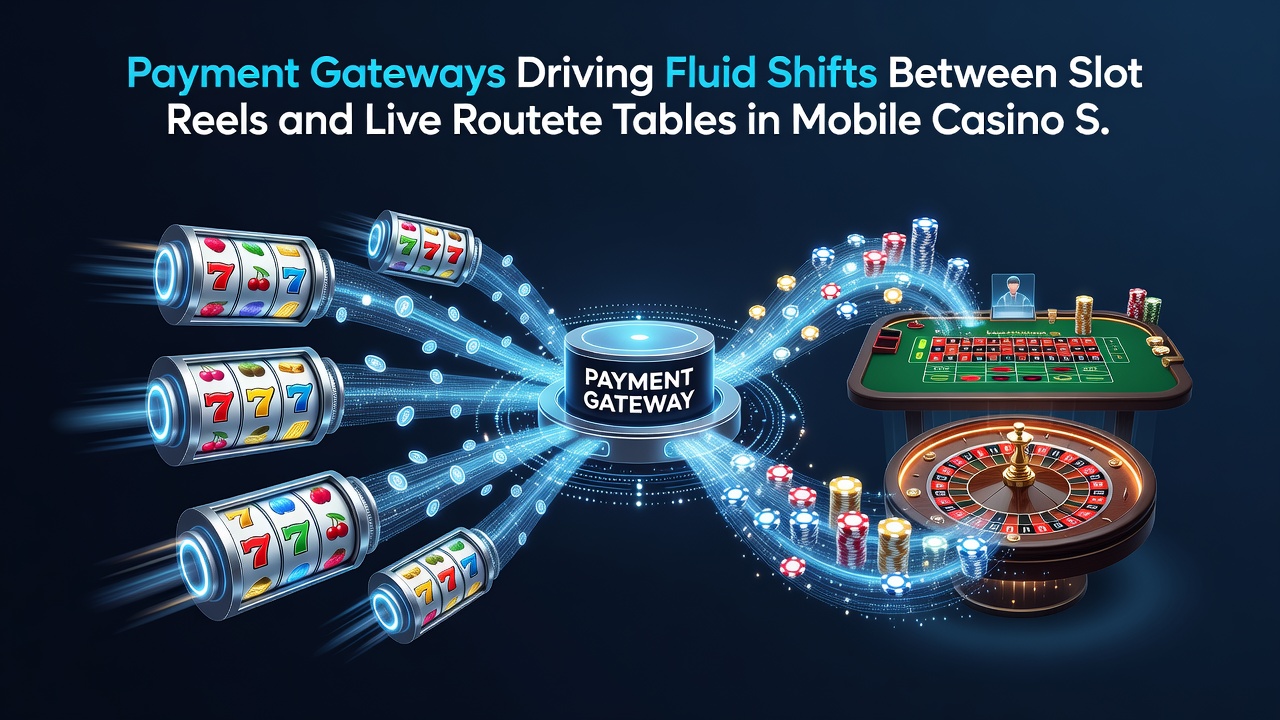 Illustratie van mobiele app interfaces met slots en live roulette verbonden via betaalpoorten