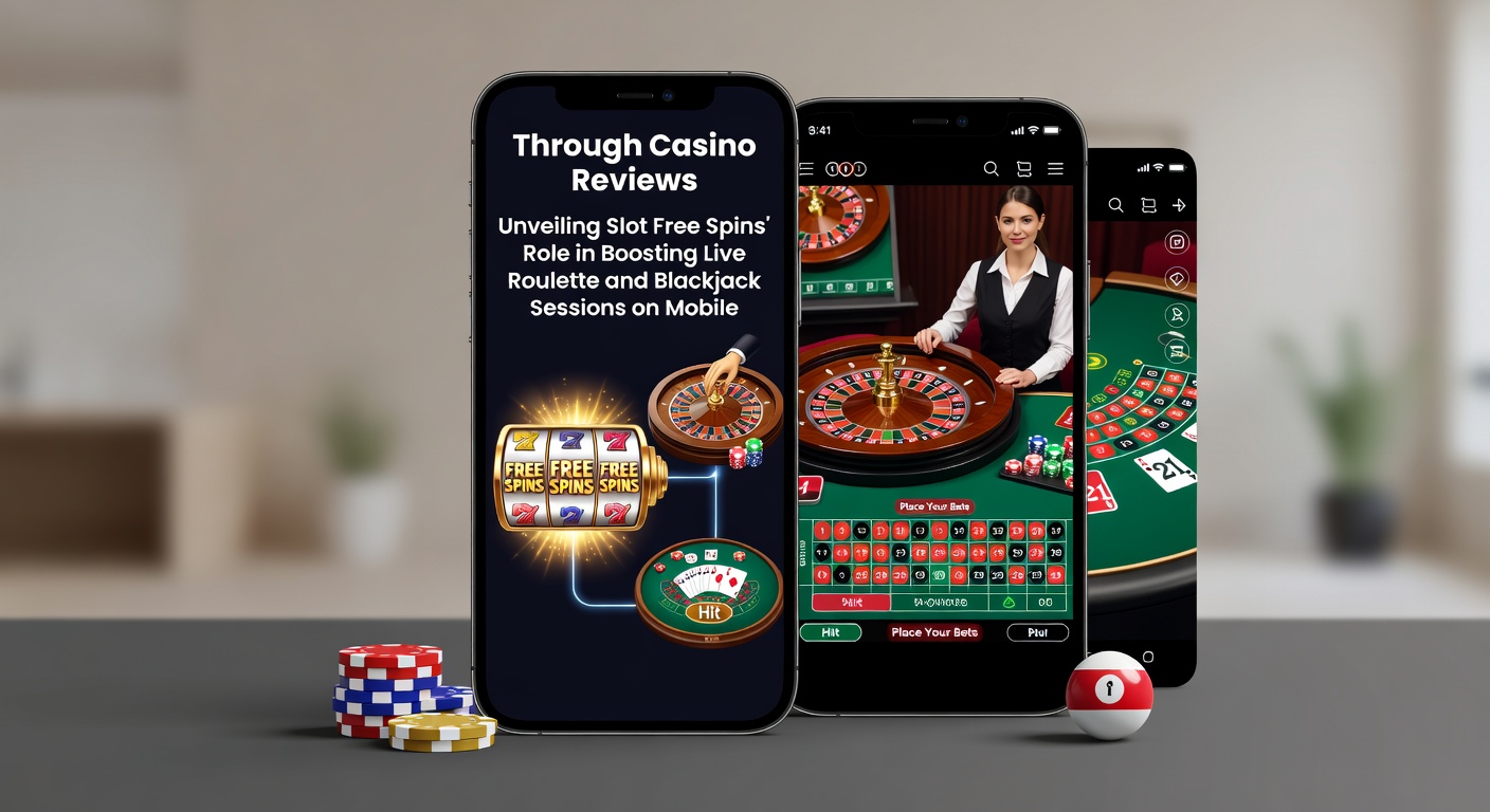 Mobiele casino interface met slot free spins die overgaan in live roulette tafels, inclusief blackjack opties en bonus overlays
