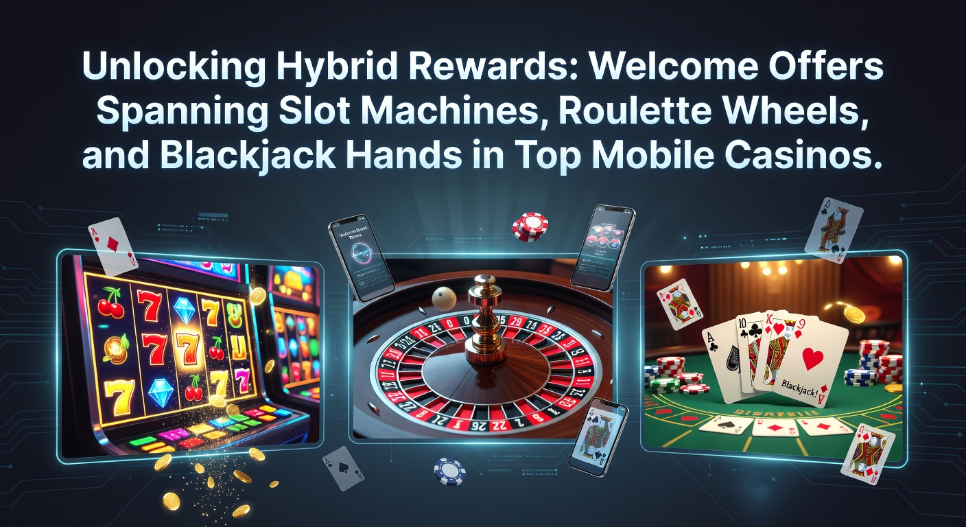 Schermafbeelding van een mobiel casino-app met hybride bonusaanbieding die slots, roulette en blackjack combineert, inclusief welkomstcredits en free spins