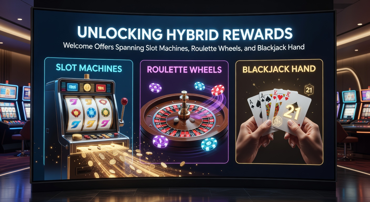 Dynamische weergave van een hybride bonusactivatie op mobiel, met iconen voor slots, roulettewiel en blackjackdealer in één interface